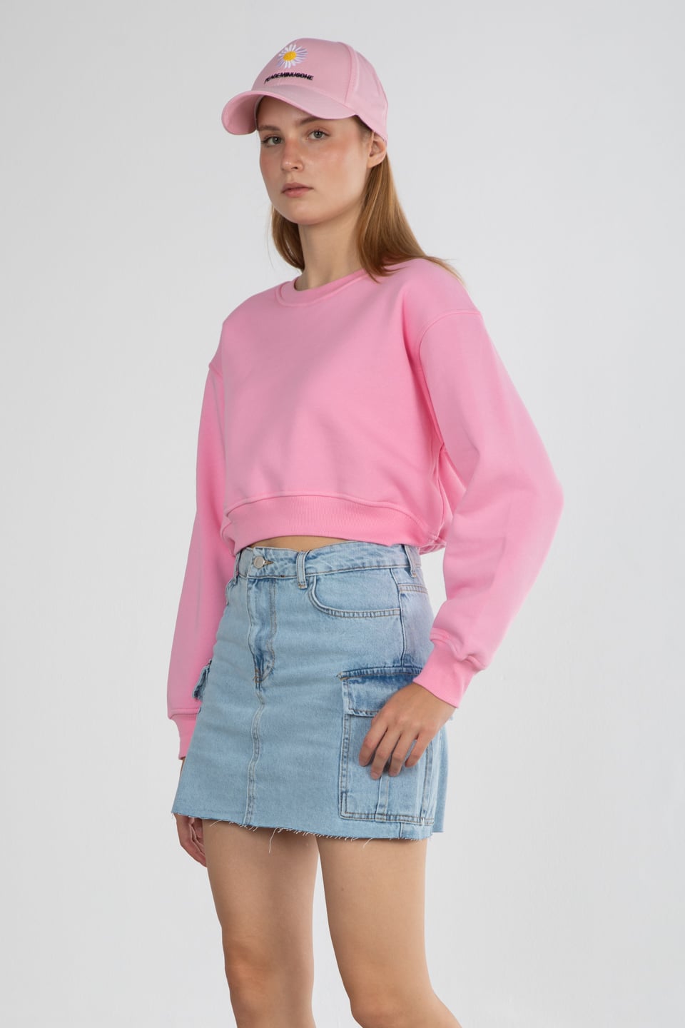 Basıc bisiklet yaka sweatshirt-81194 Pembe