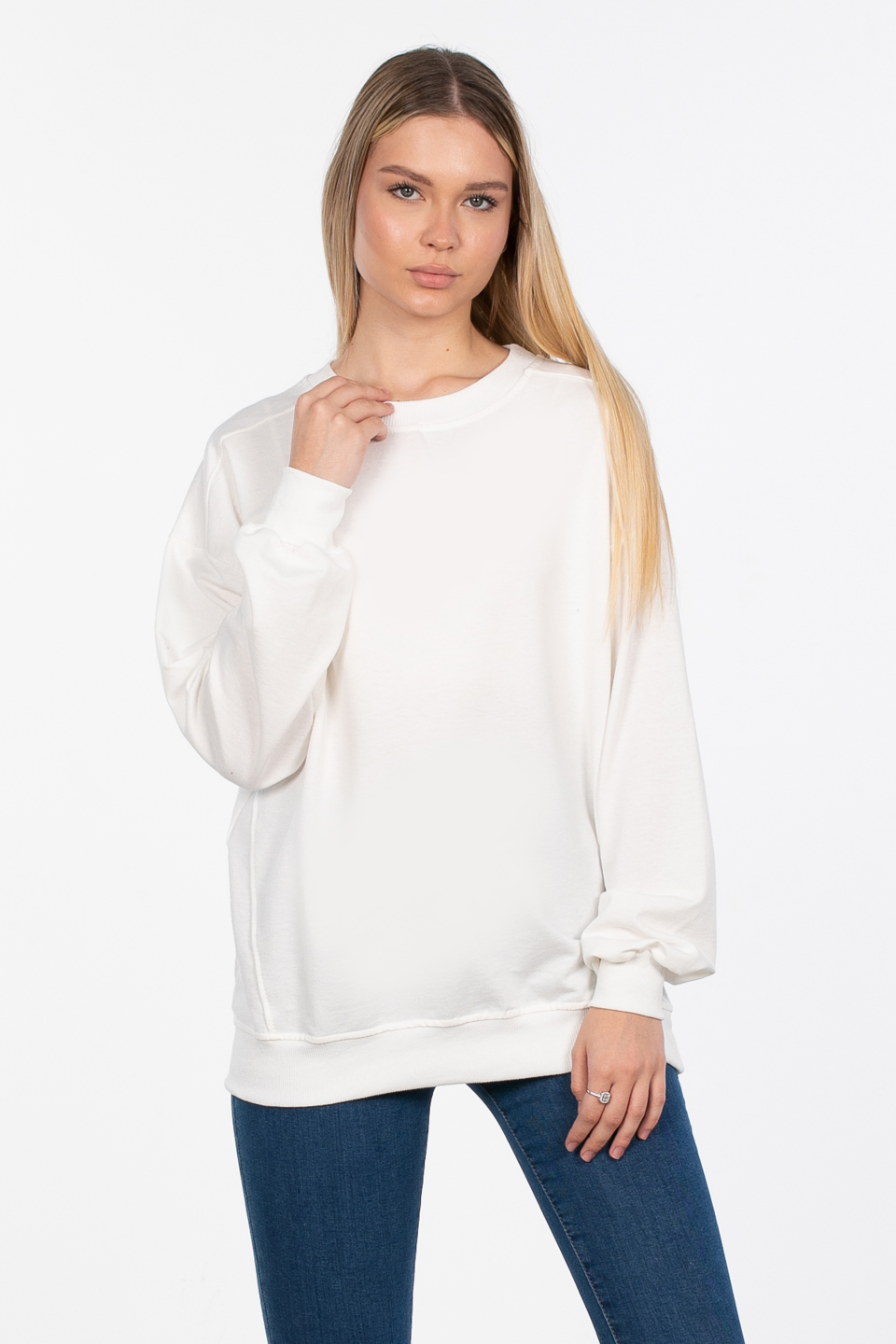 Basıc bisiklet yaka sweatshirt-DVN0827 Ekru