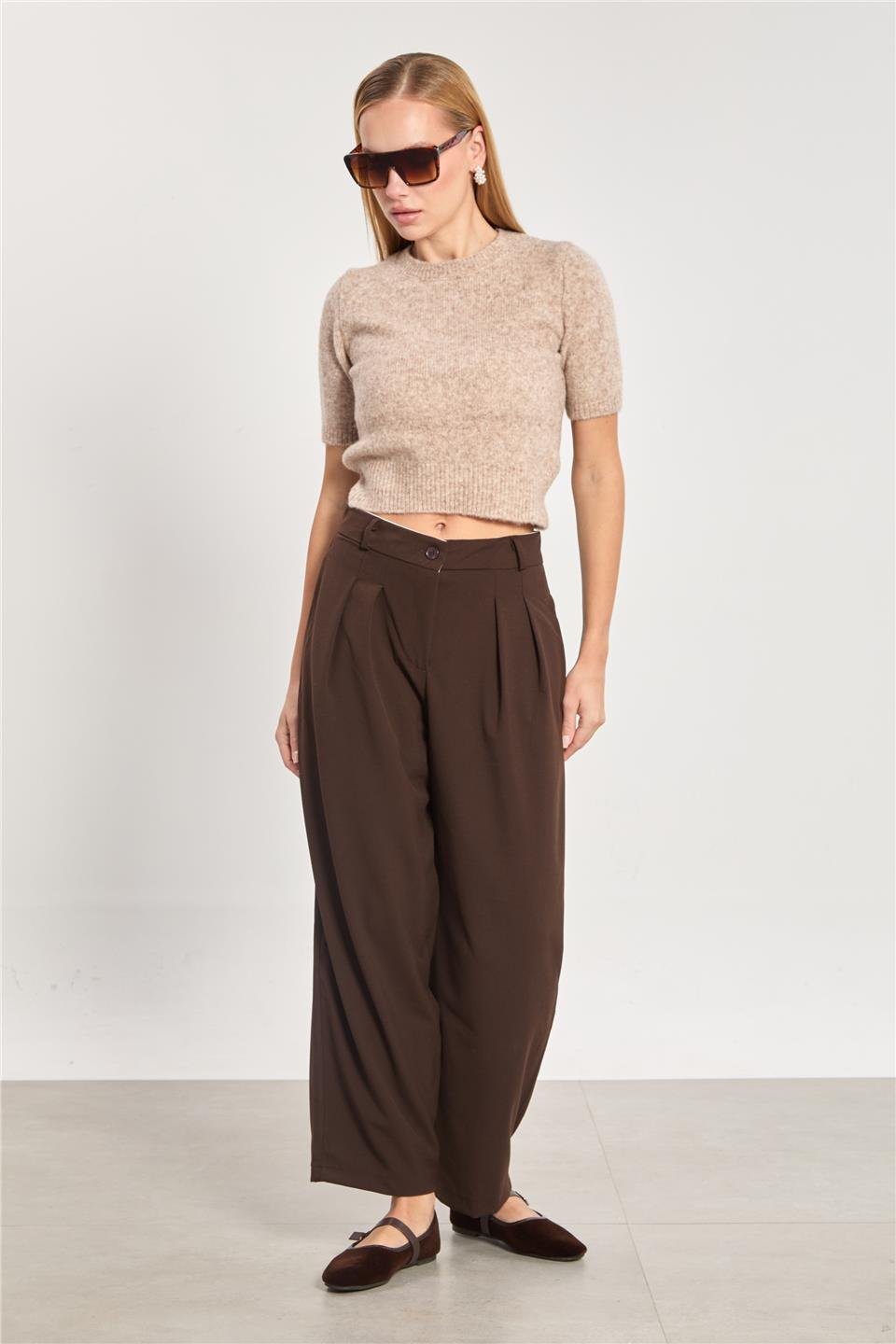 Kadın Pileli Havuç Pantolon - Kahve
