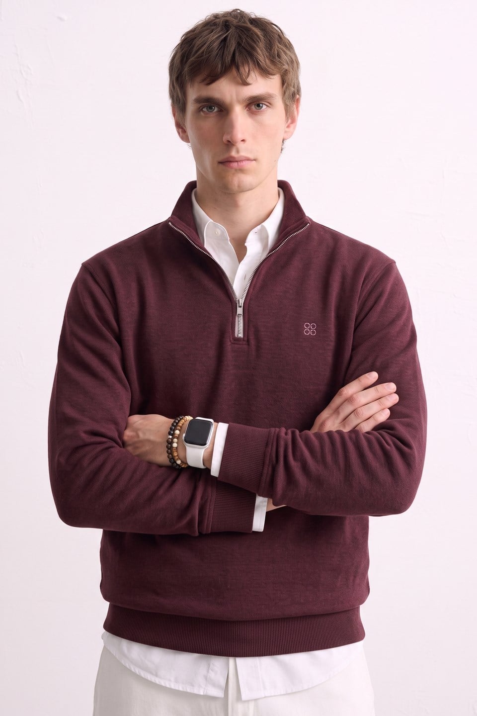 Erkek Yarım Fermuarlı Dik Yaka Selanik Sweatshirt - Vişne