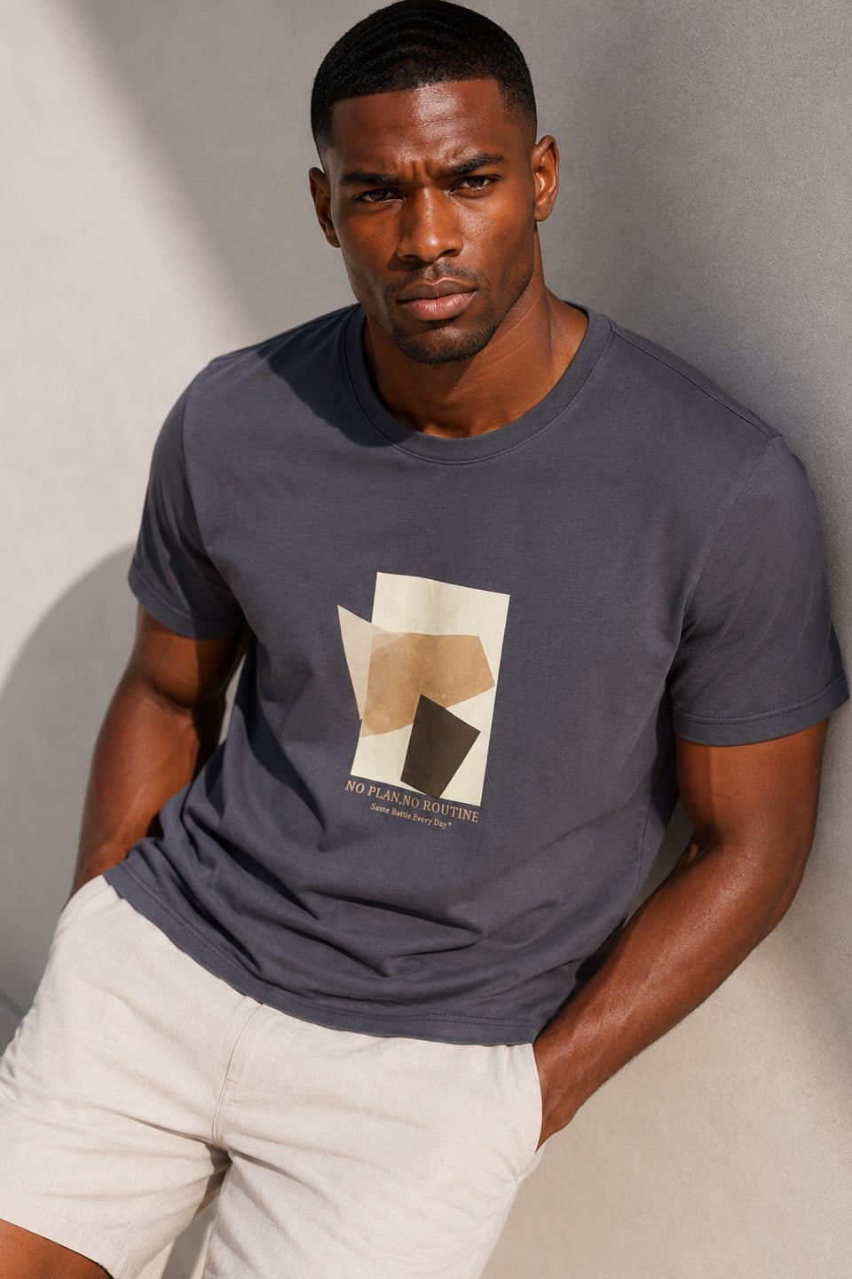 Erkek Geometrik Baskılı T-Shirt - Antrasit