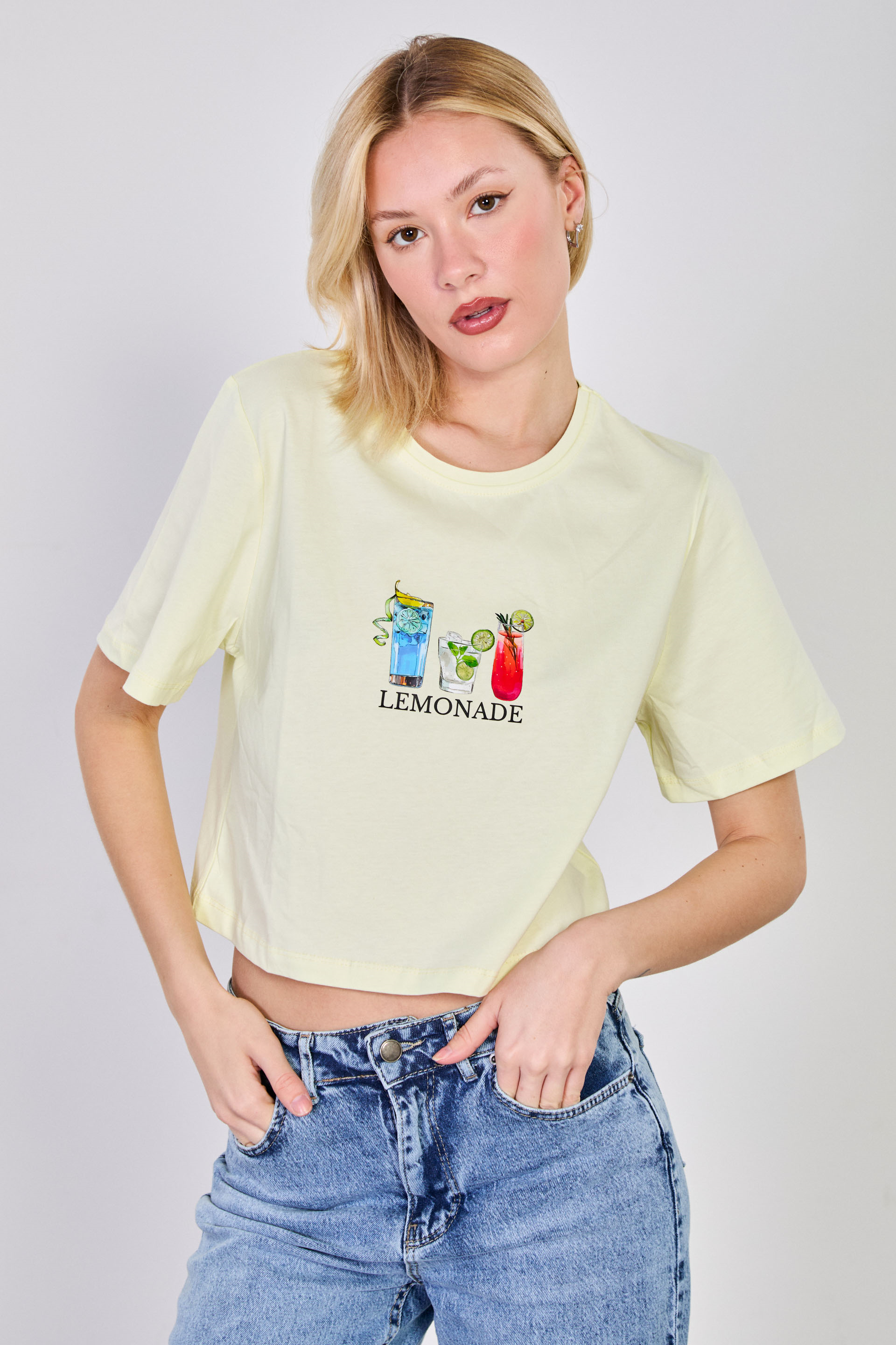 Kadın Lemonade Yazılı Crop T-Shirt - Sarı