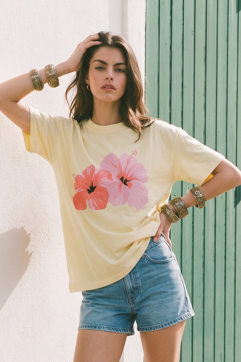 Kadın Önü Lotus Baskılı T-Shirt - Açık Sarı