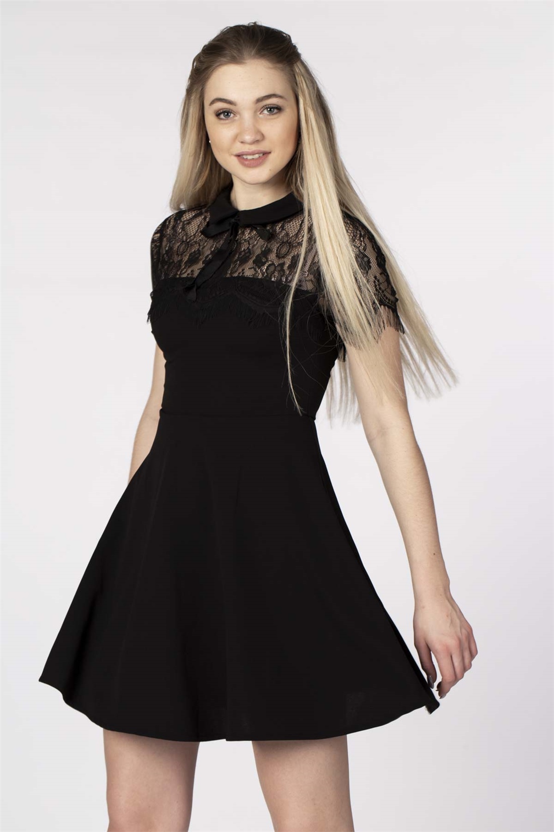 Bebe yaka dantel detaylı elbise-16162 Siyah