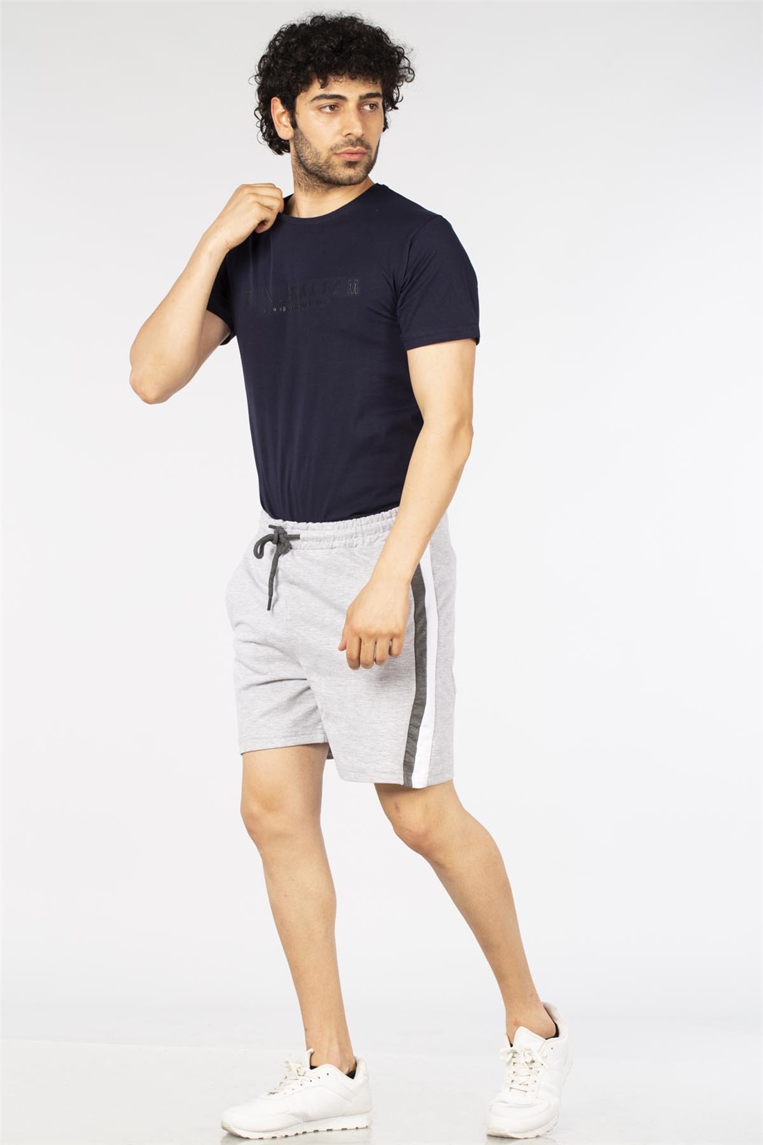 Bel Lastikli Yanları Garnili Şort-Gri