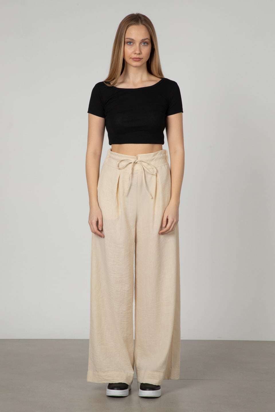 Belden bağlamalı bol paça pantolon-90707 Taş