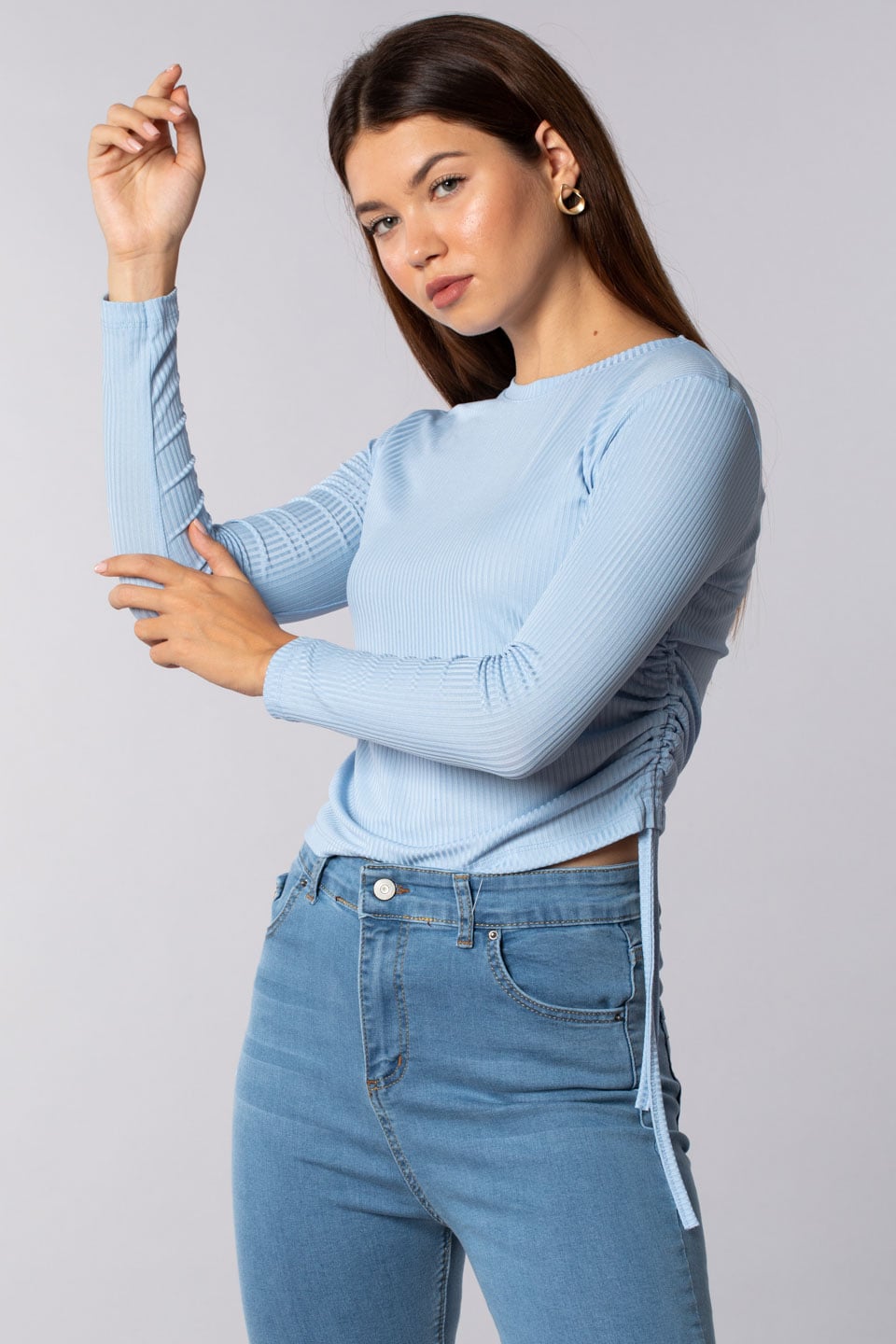 Belden bağlamalı uzun kollu body-7363 Mavi