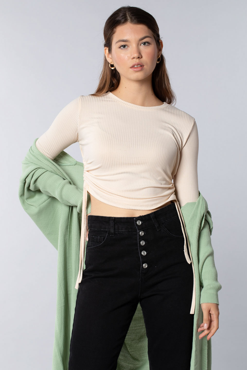 Belden bağlamalı uzun kollu body-7363 Taş