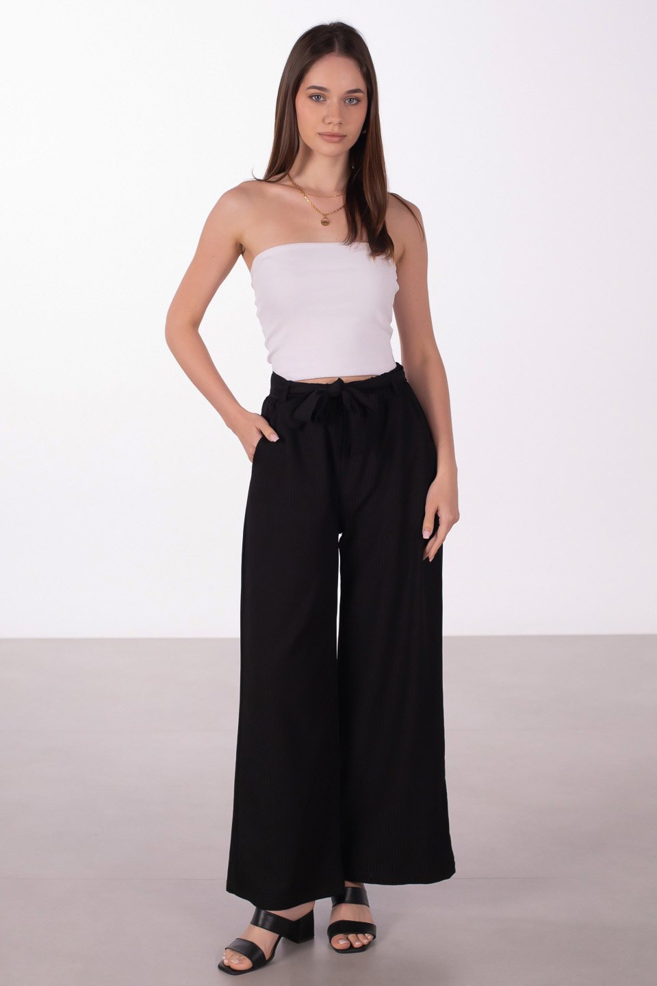 Beli bağlamalı bol paça pantolon-2905 Siyah