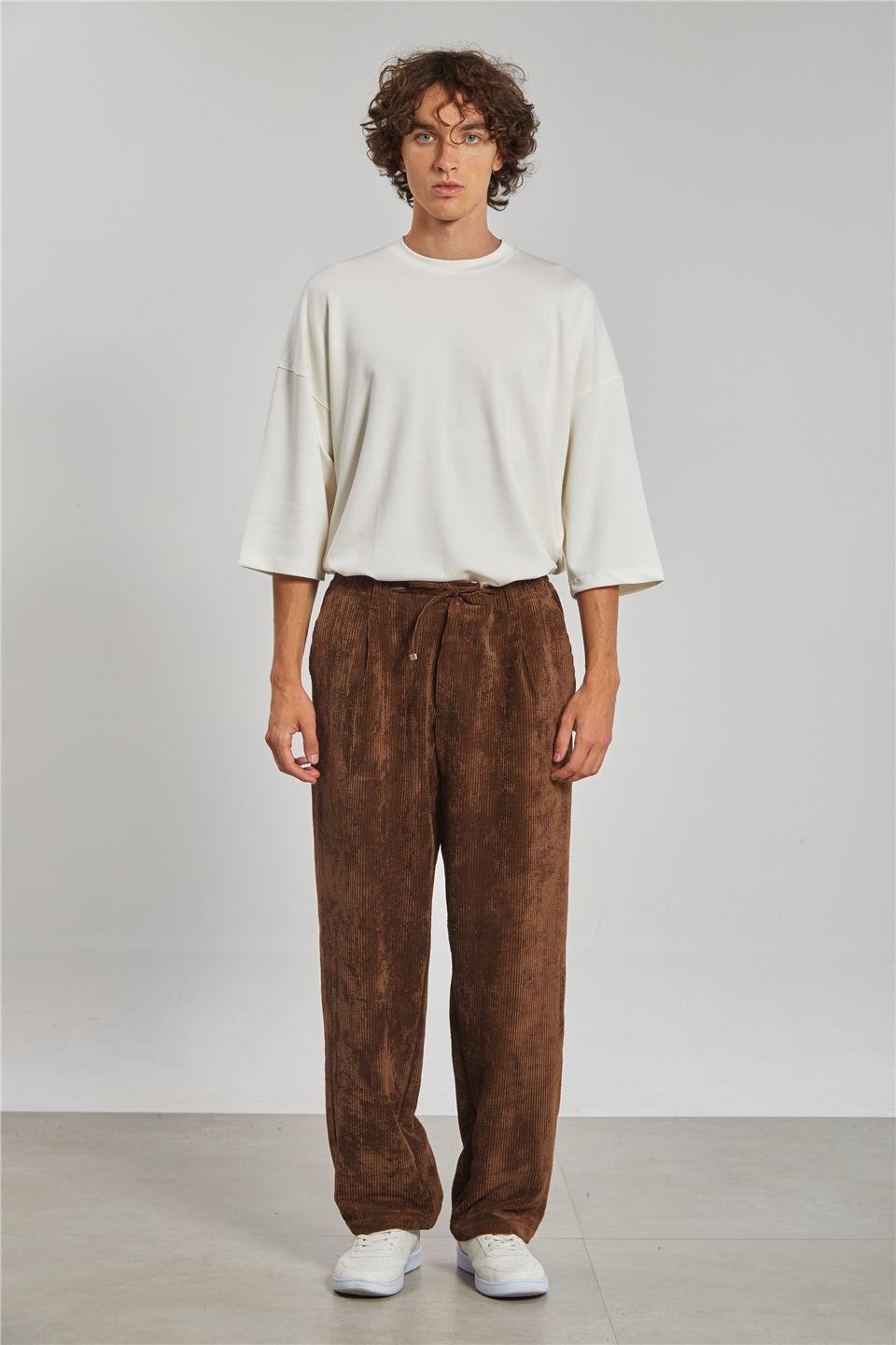 Beli Bağlamalı Kadife Erkek Pantolon - Kahve