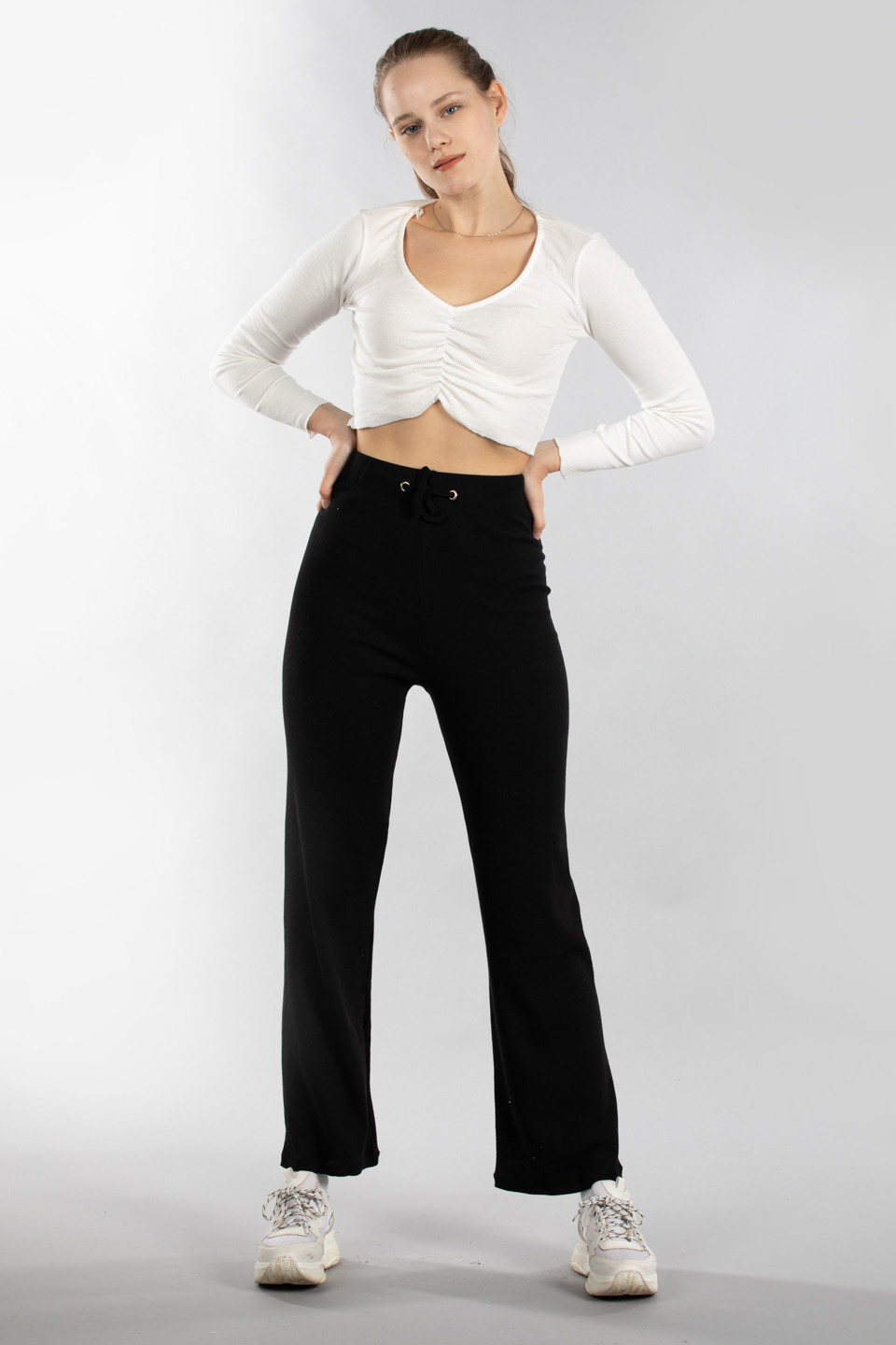 Beli bağlamalı kaşkorse pantolon-6124 Siyah