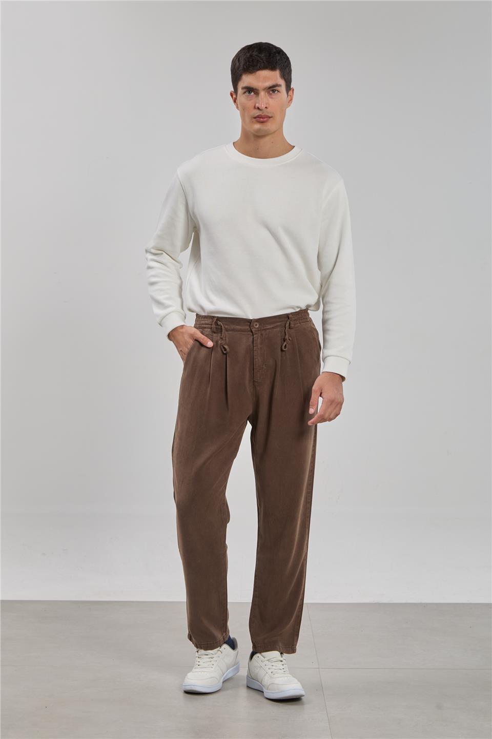 Beli bağlamalı tensel pantolon-9152 Kahve