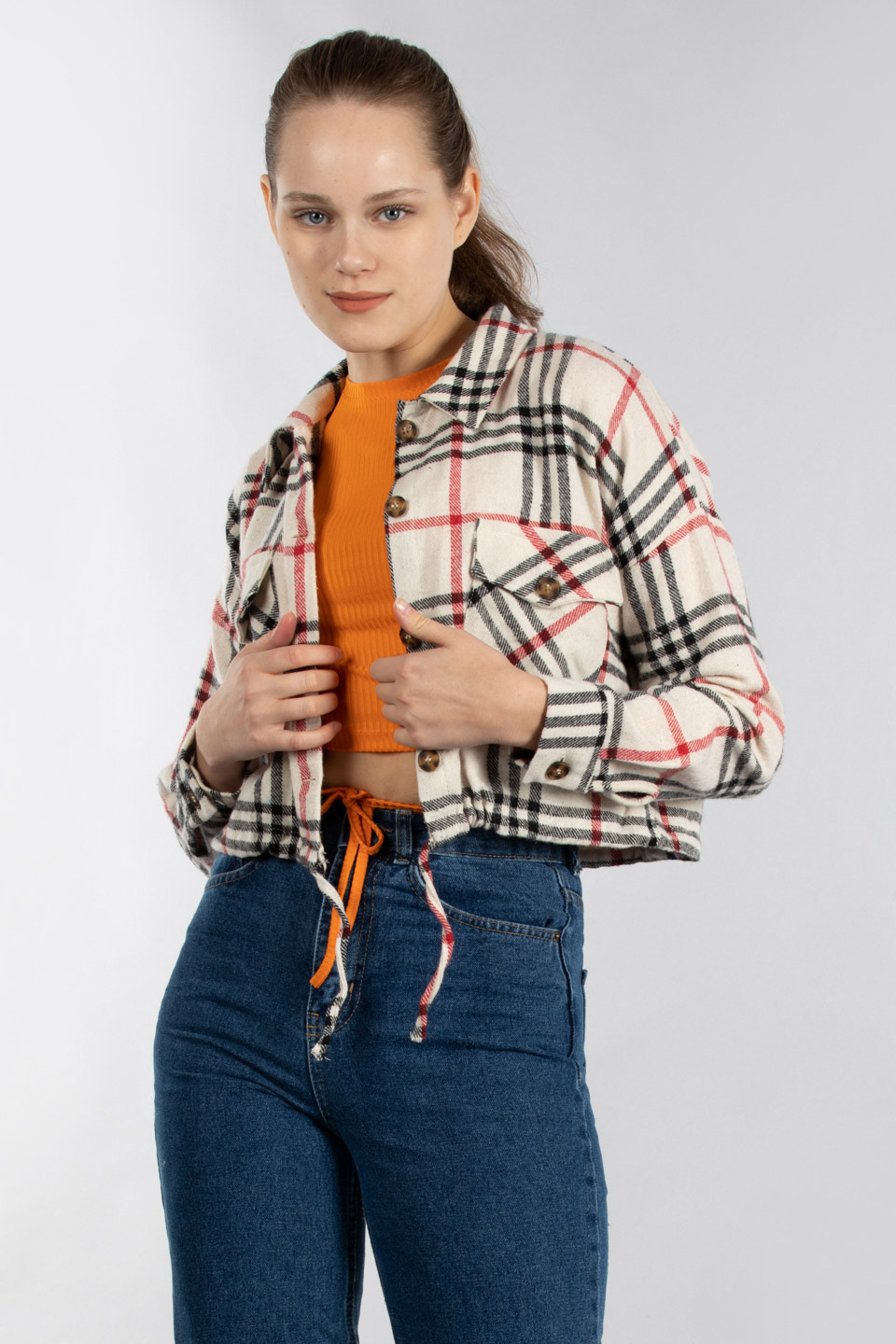 Beli büzgülü çift cepli ekose crop gömlek-20463 Kırmızı