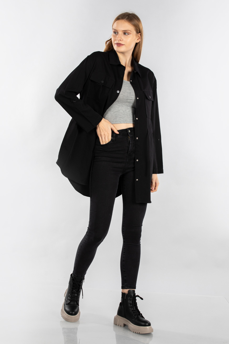 Beli büzgülü çıtçıtlı tunik-21-5095 Siyah