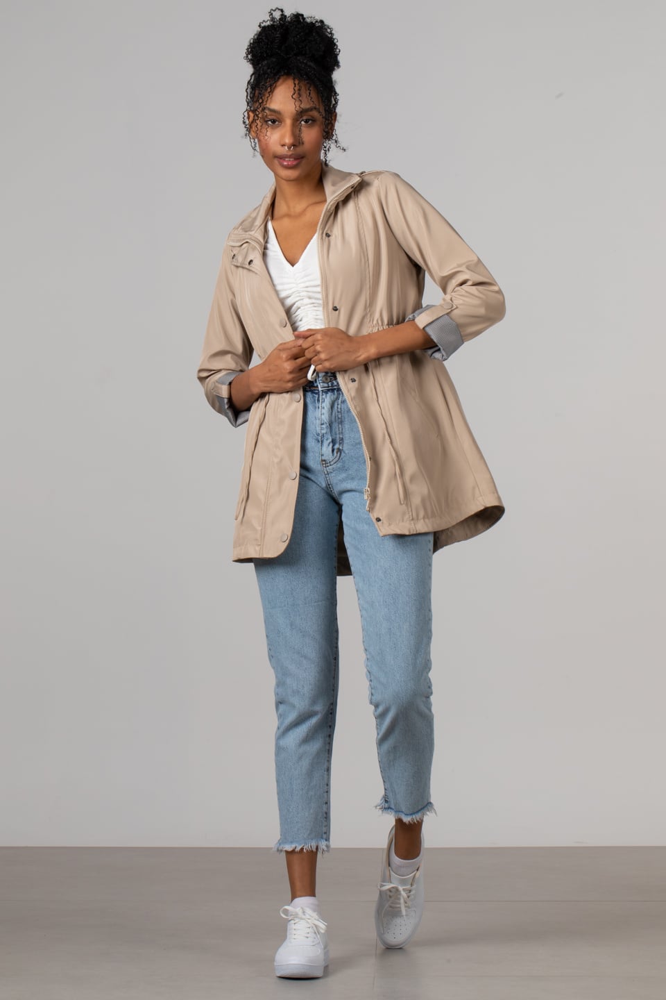 Beli büzgülü kısa trench-5669 Taş