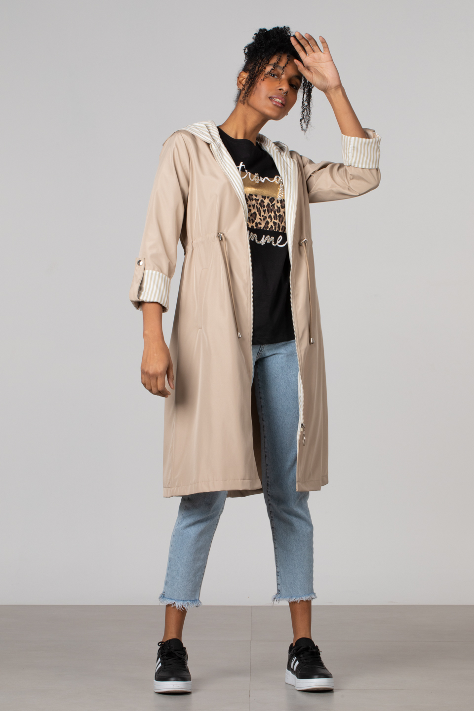 Beli büzgülü trench-9091 Taş