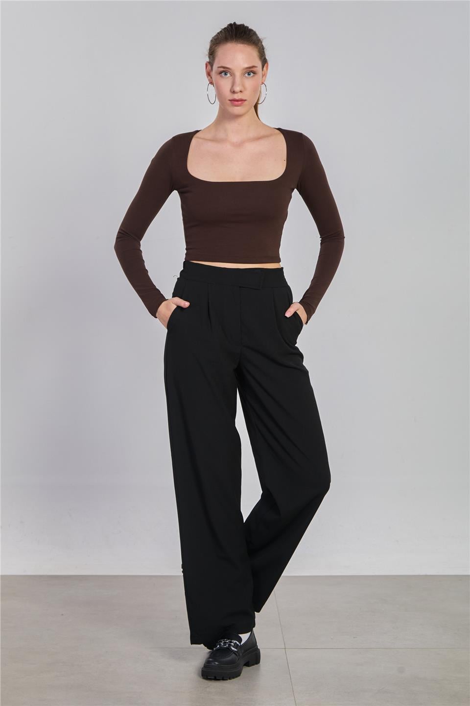 Beli cırtlı kumaş pantolon-6642 Siyah