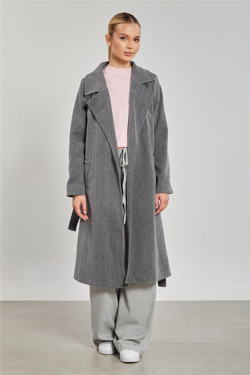 Beli kuşaklı regular fit kaşe kaban-6637 Gri