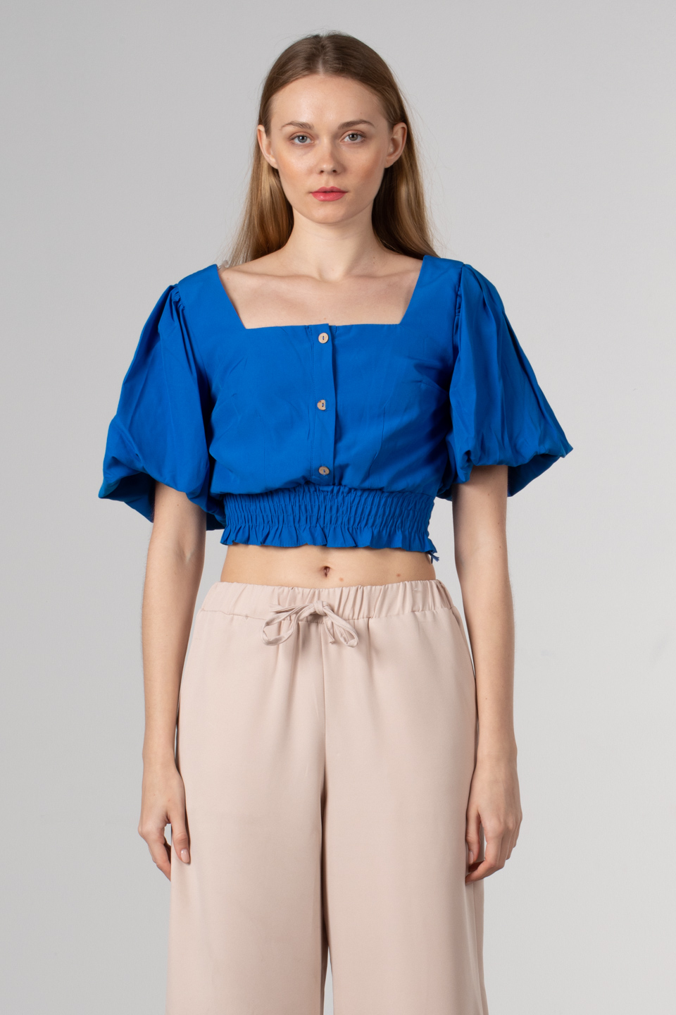 Beli lastikli balon bluz-1455 Saks