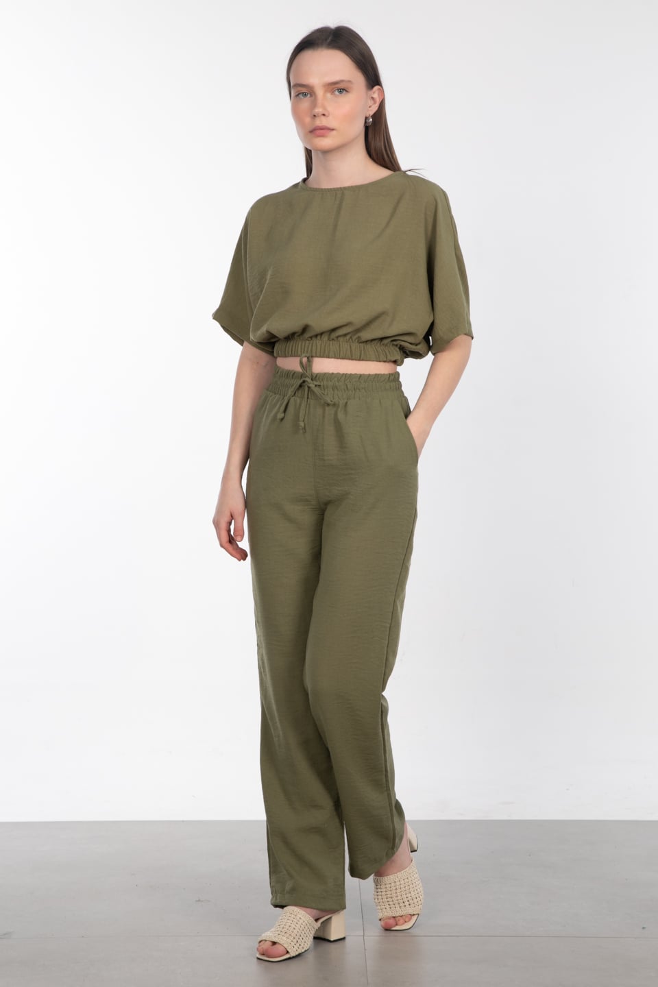 Beli lastikli bol paça pantolon-6978 Haki