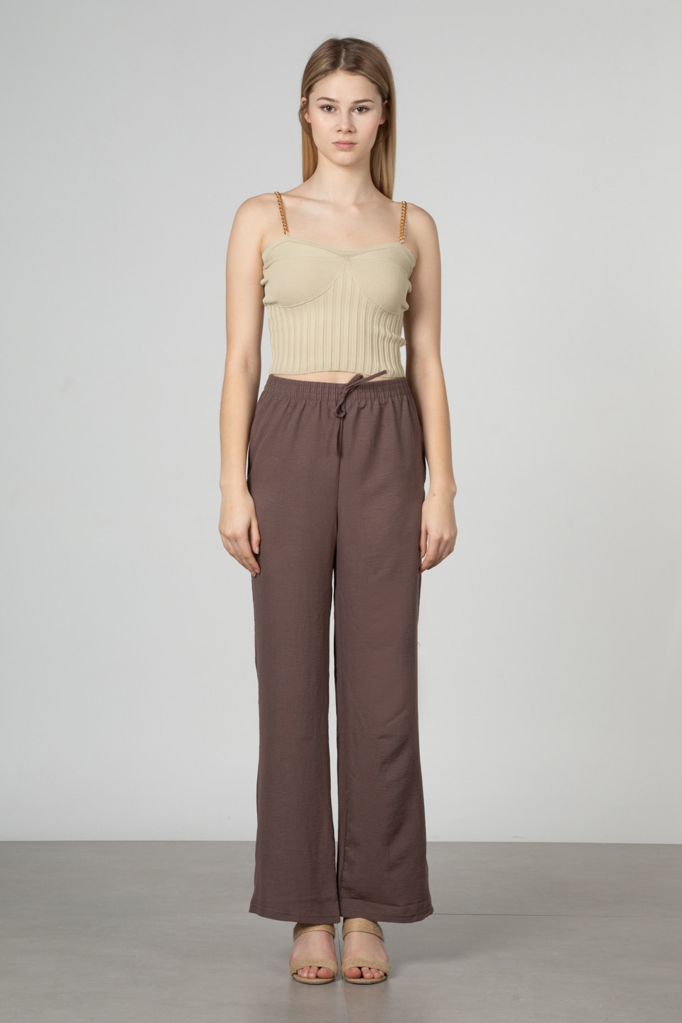 Beli lastikli bol paça pantolon-DVN0161 K.Kahve