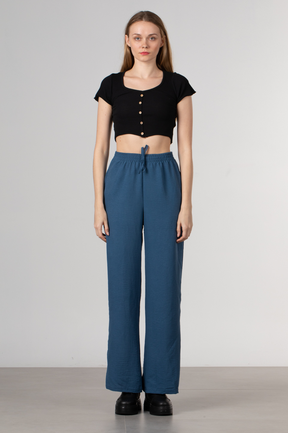 Beli lastikli bol paça pantolon-DVN0161 İndigo