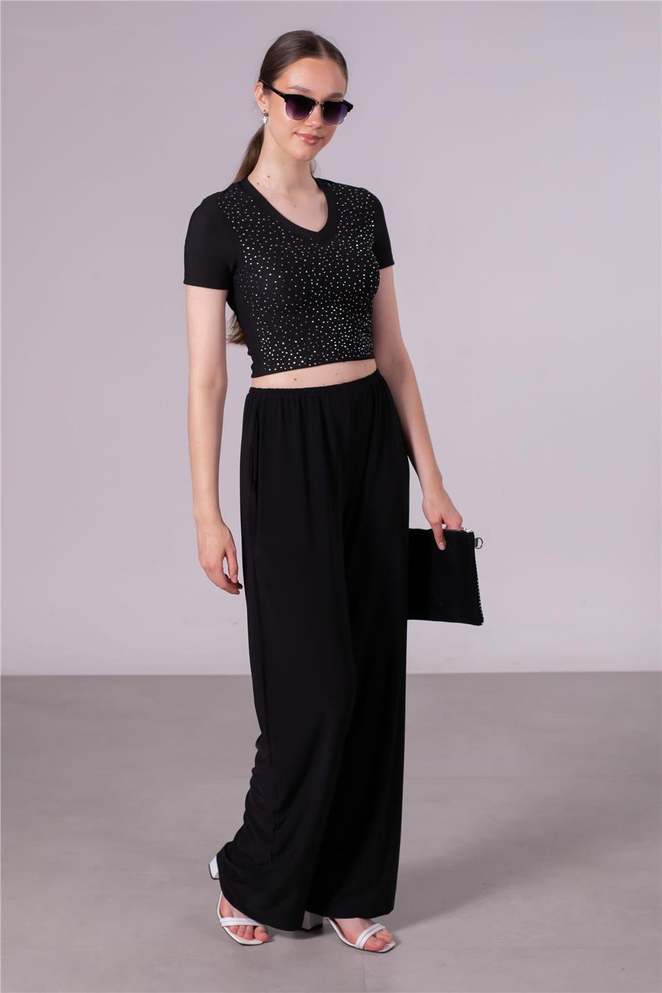 Beli lastikli bol paça pantolon-SHR-233 Siyah