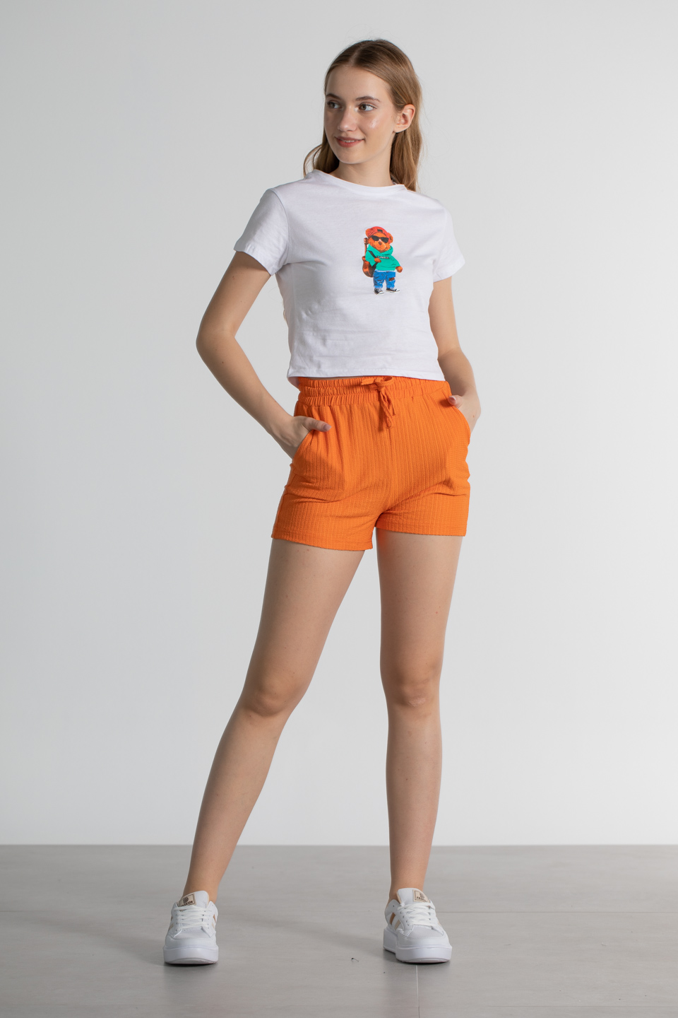 Beli lastikli çift cepli şort-3518 Oranj