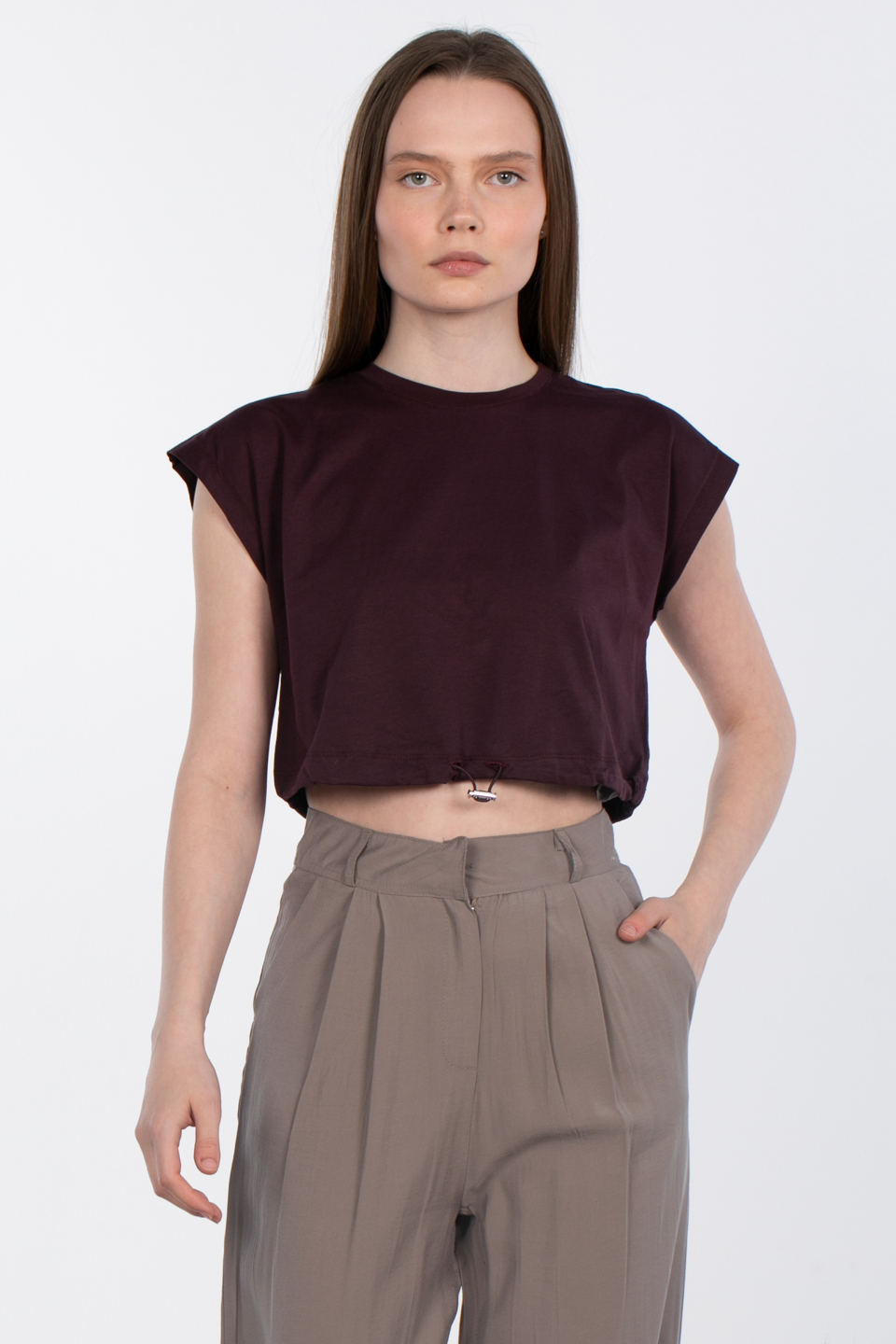 Beli lastikli crop t-shirt-5587 Mürdüm