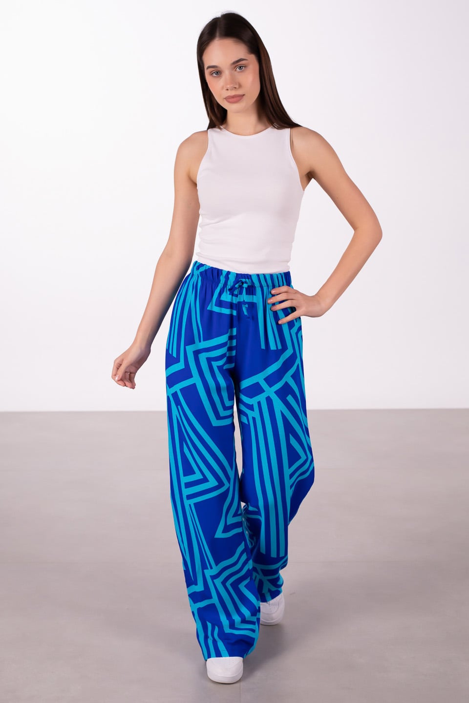 Beli lastikli desenli pantolon-1003 Saks/Turkuaz