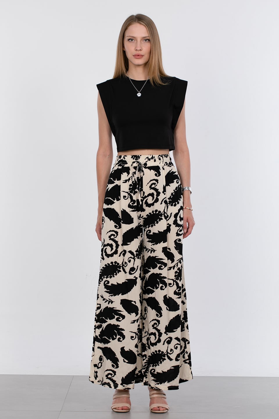 Beli lastikli desenli pantolon-4797 Şal Desen