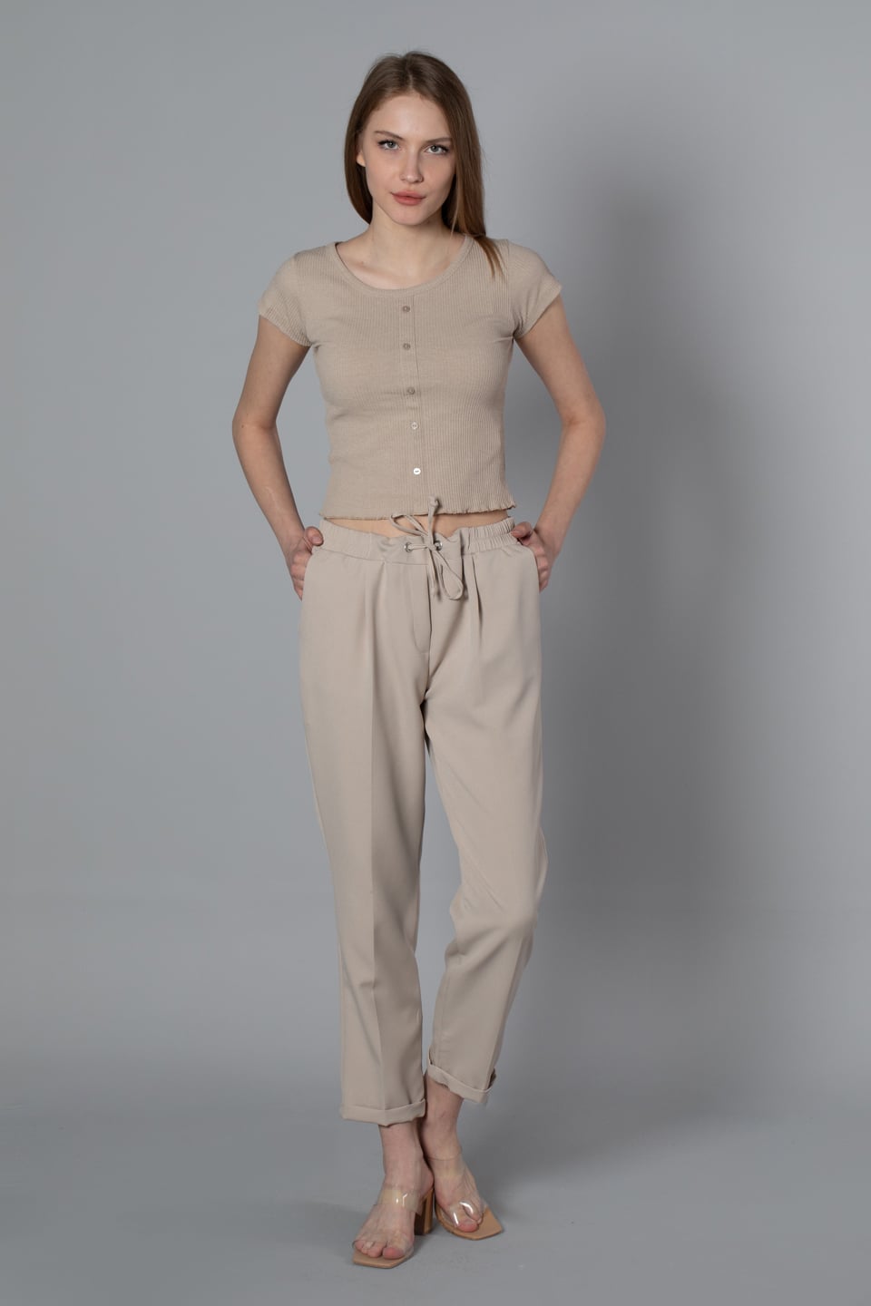 Beli lastikli double paça pantolon-0018 Taş