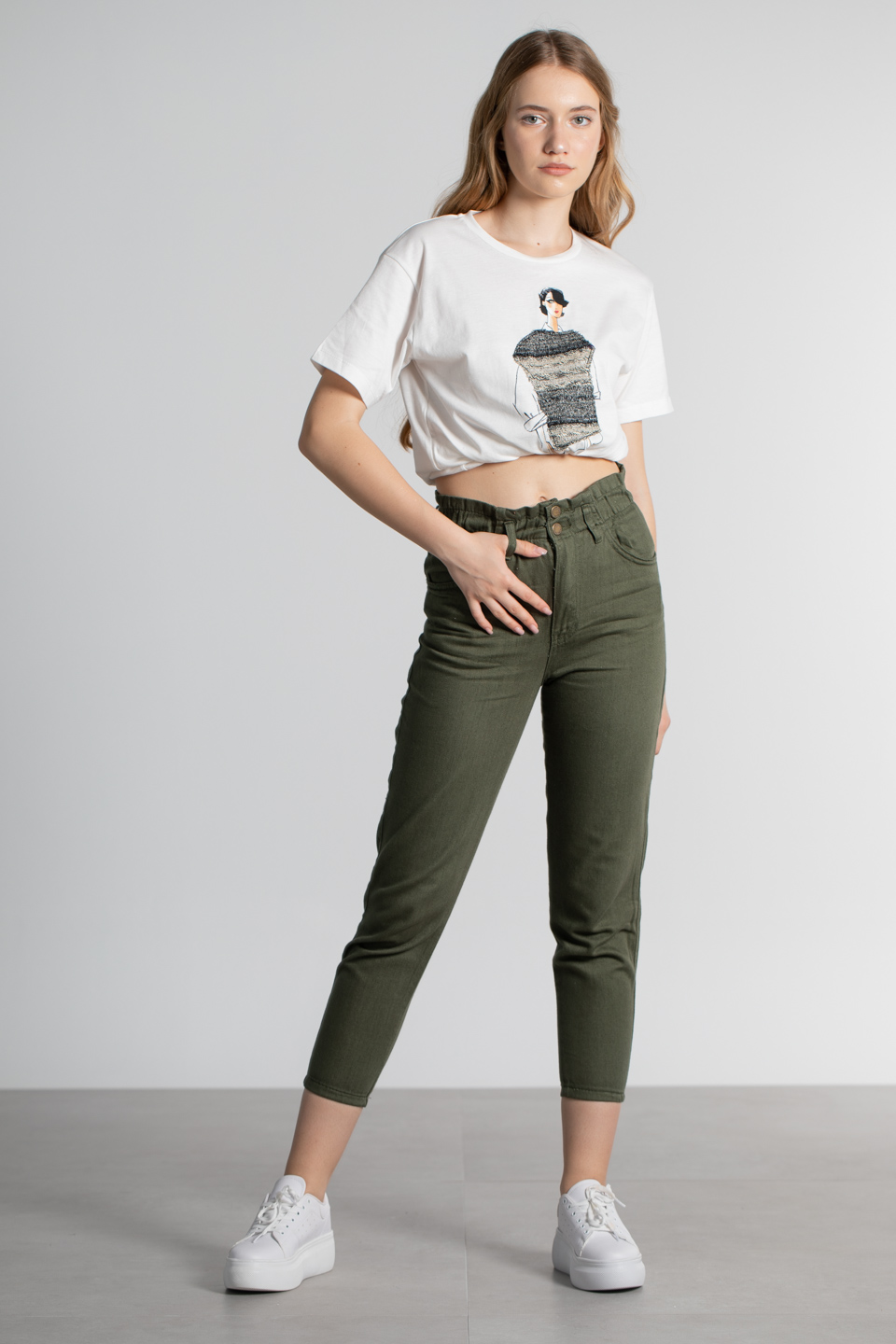 Beli lastikli gabardin pantolon-258 Haki