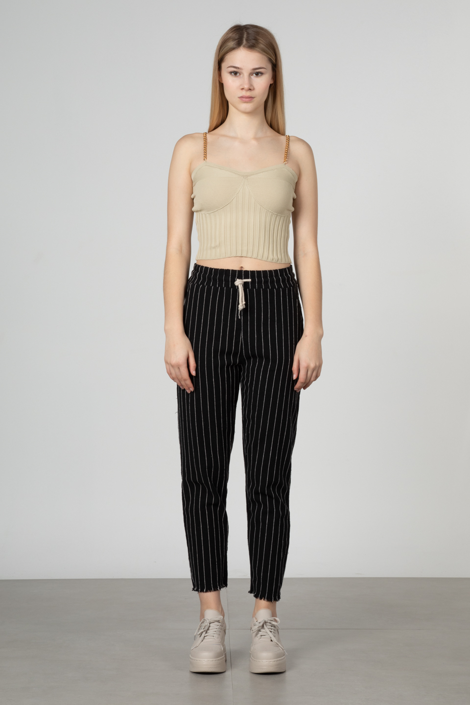 Beli lastikli pantolon-66-6695 Siyah/Ekru