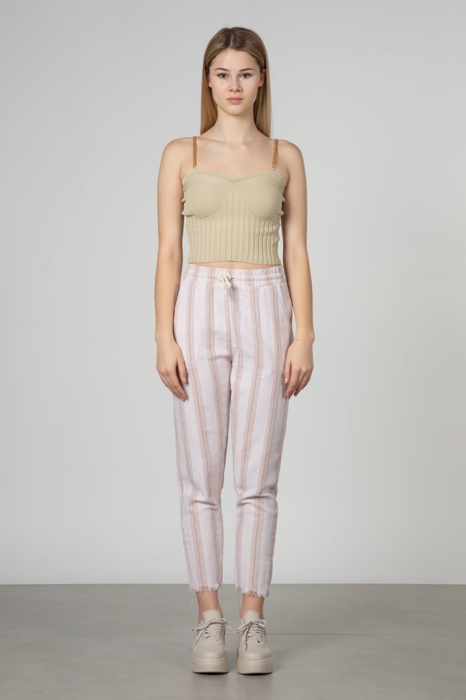 Beli lastikli pantolon-66-6695 Taş