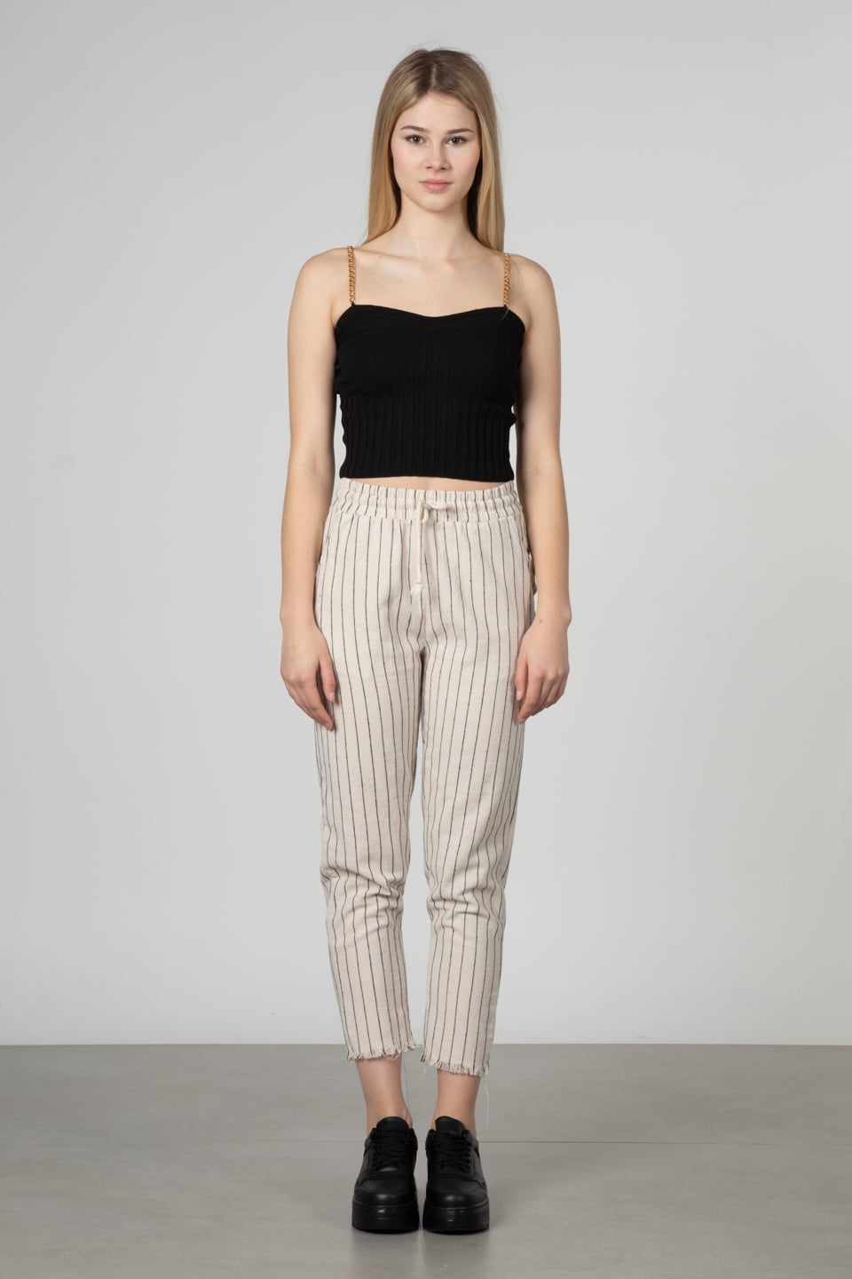 Beli lastikli pantolon-66-6695 Taş/Siyah