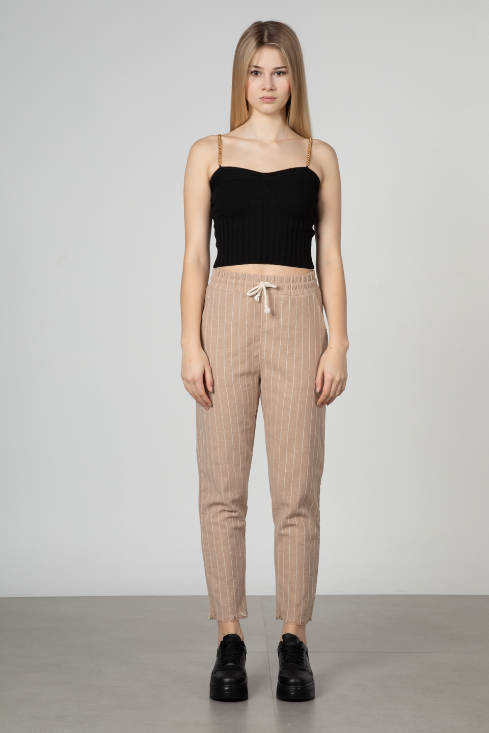 Beli lastikli pantolon-66-6695 Vizon/Ekru