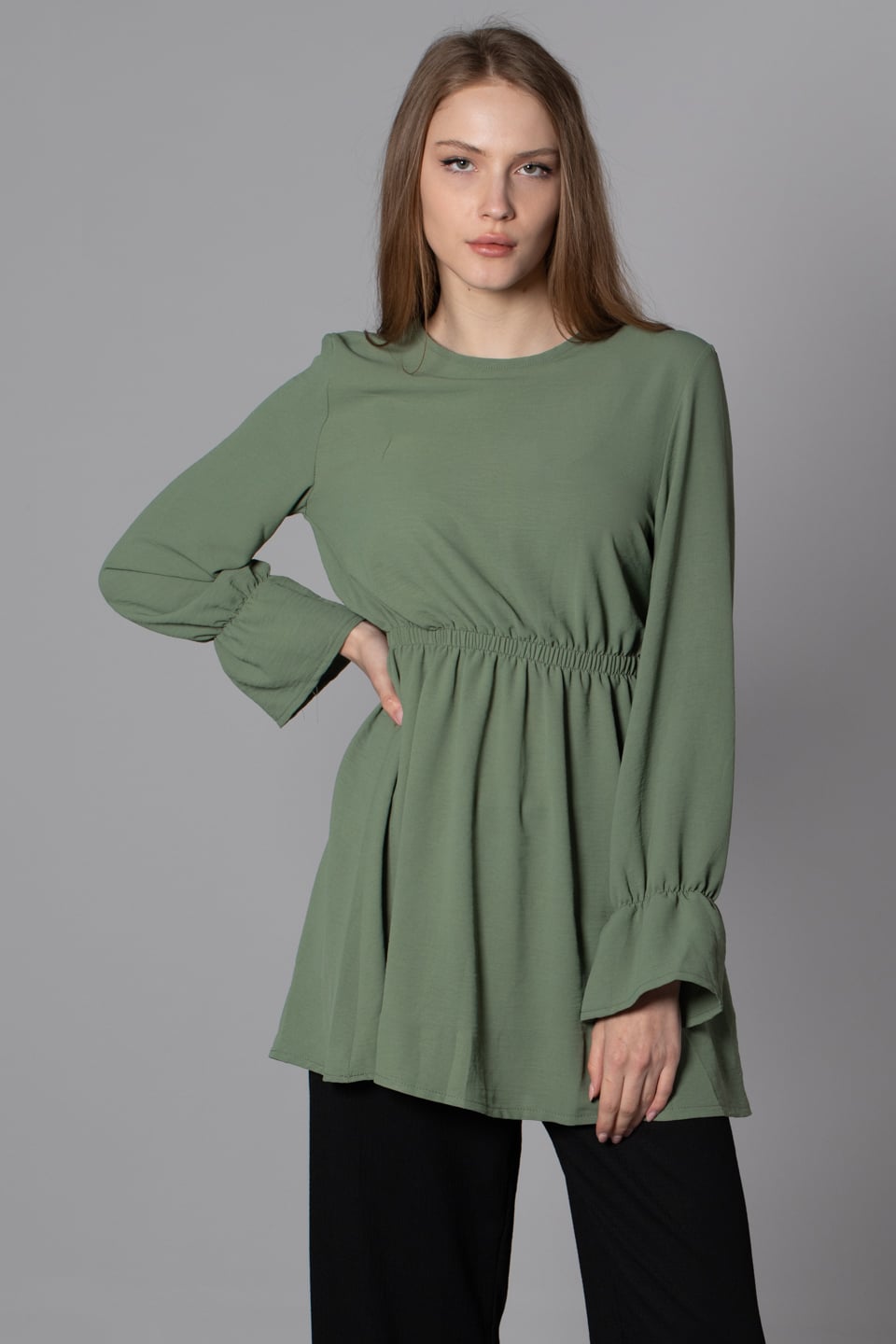 Beli ve kolları lastikli tunik-0024 Çağla
