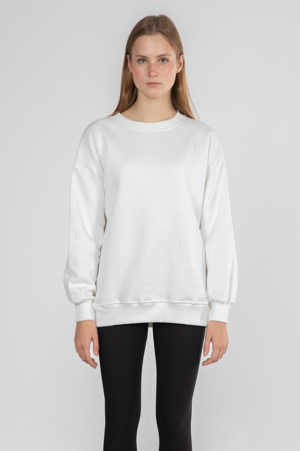 Bisiklet yaka basıc sweatshirt-DVN0465 Ekru