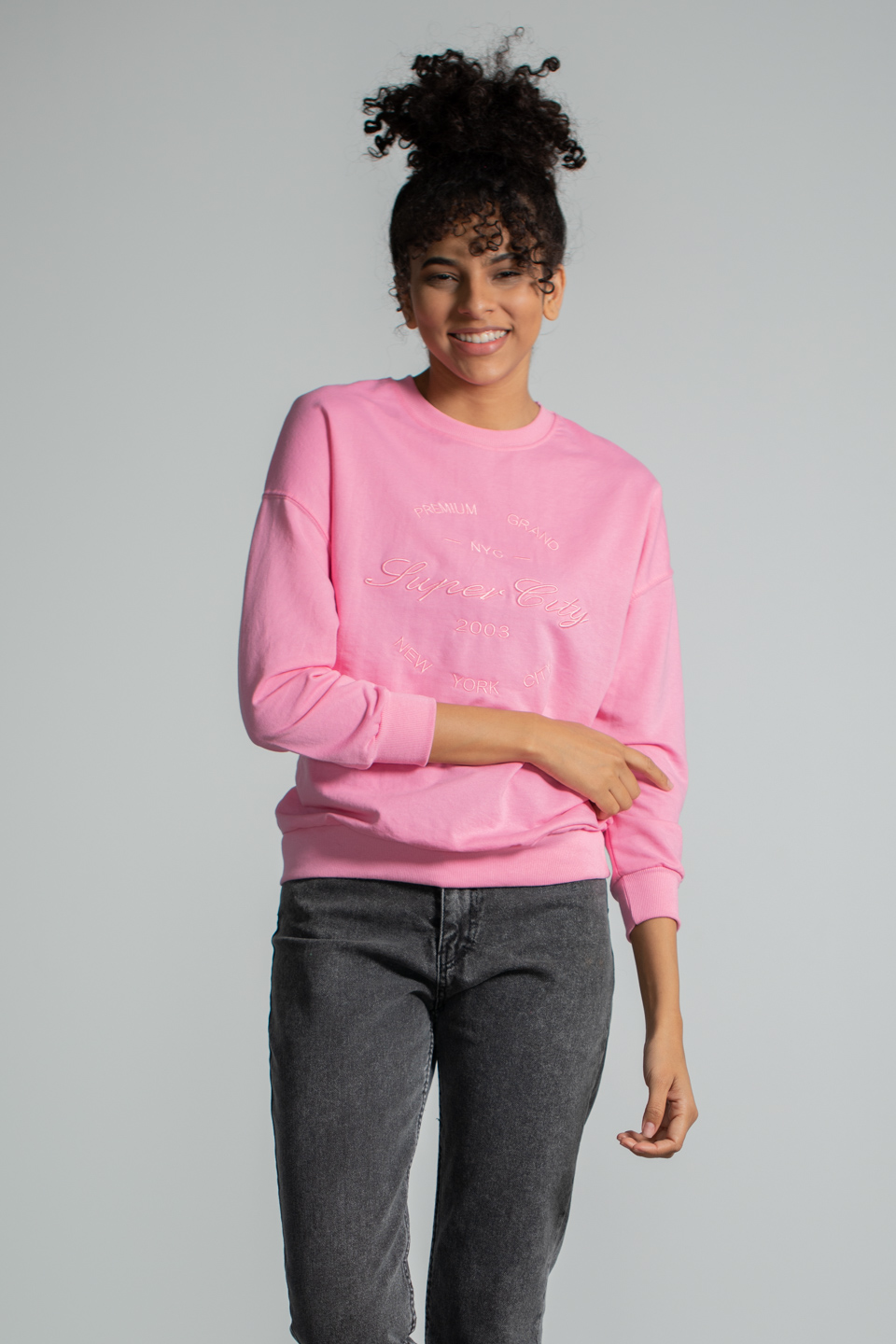 Bisiklet Yaka Baskılı Sweatshirt - Pembe