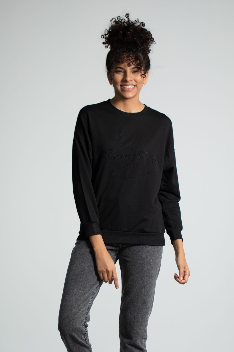 Bisiklet Yaka Baskılı Sweatshirt - Siyah