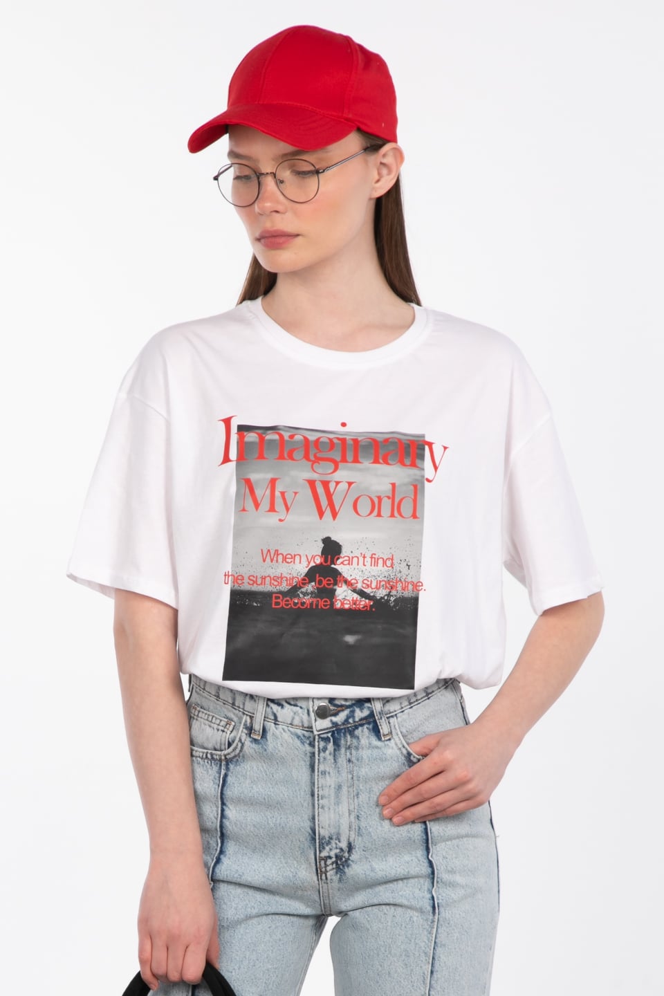 Bisiklet yaka baskılı t-shirt-DVN0979 Ekru