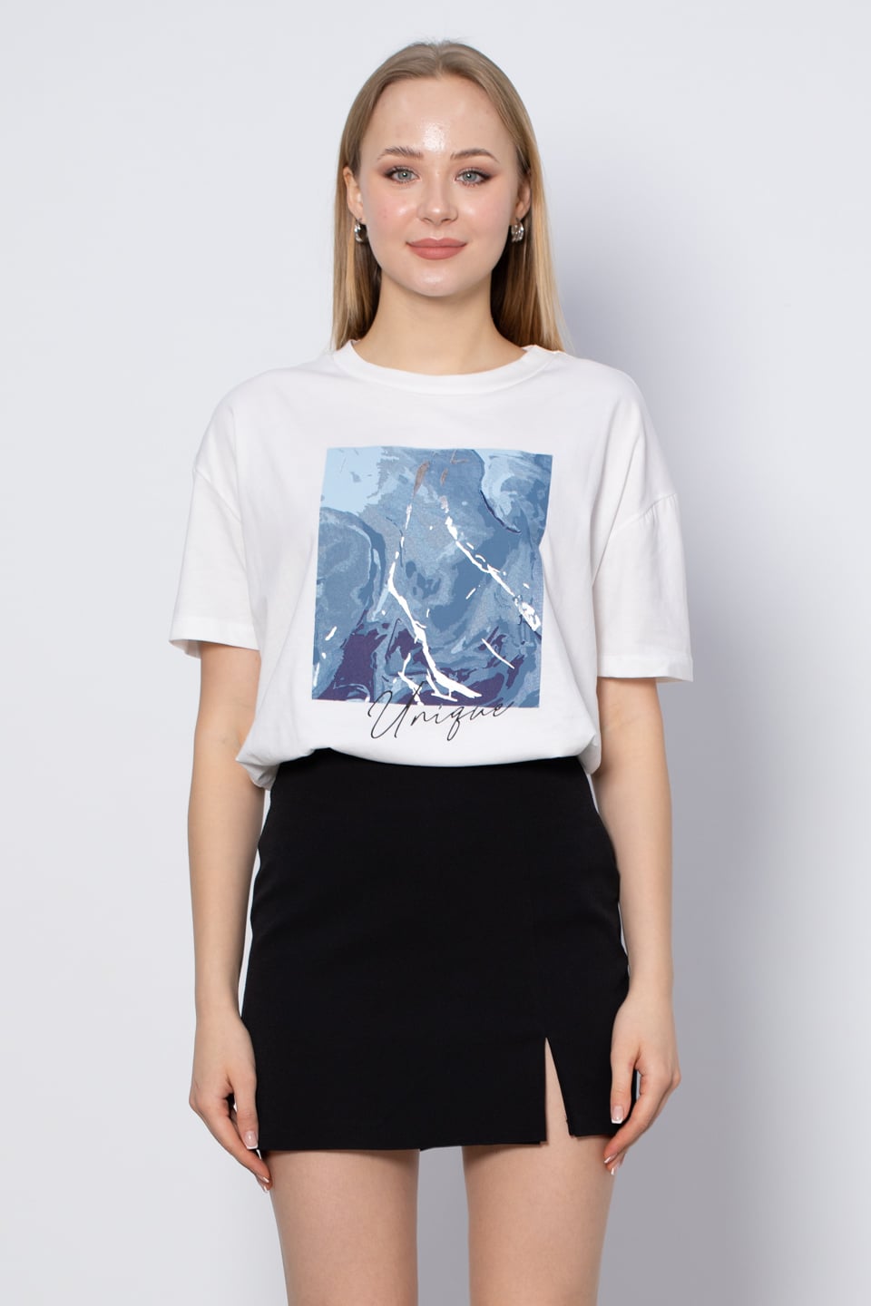 Bisiklet Yaka Baskılı T-Shirt - Ekru