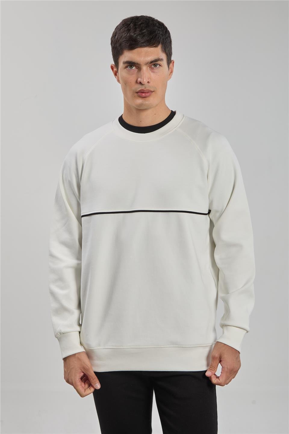 Bisiklet yaka biyeli reglon kol sweatshirt-1227 Ekru