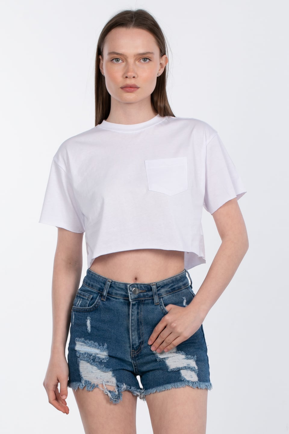 Bisiklet yaka cepli crop t-shirt-83-856 Beyaz