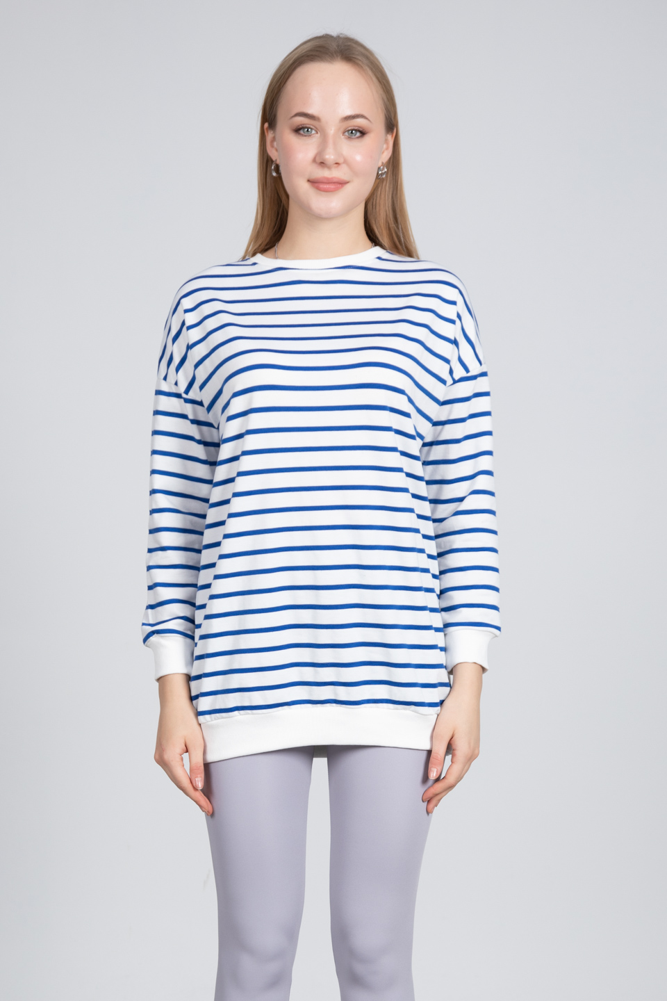 Bisiklet yaka çizgili sweatshirt-DVN0520 Beyaz/Saks