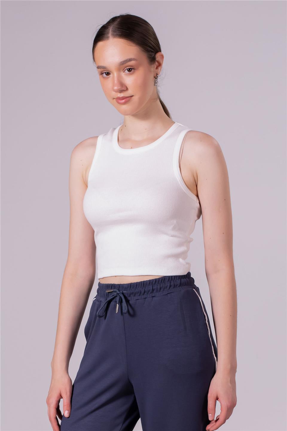 Bisiklet yaka crop body-DVN0189 Ekru