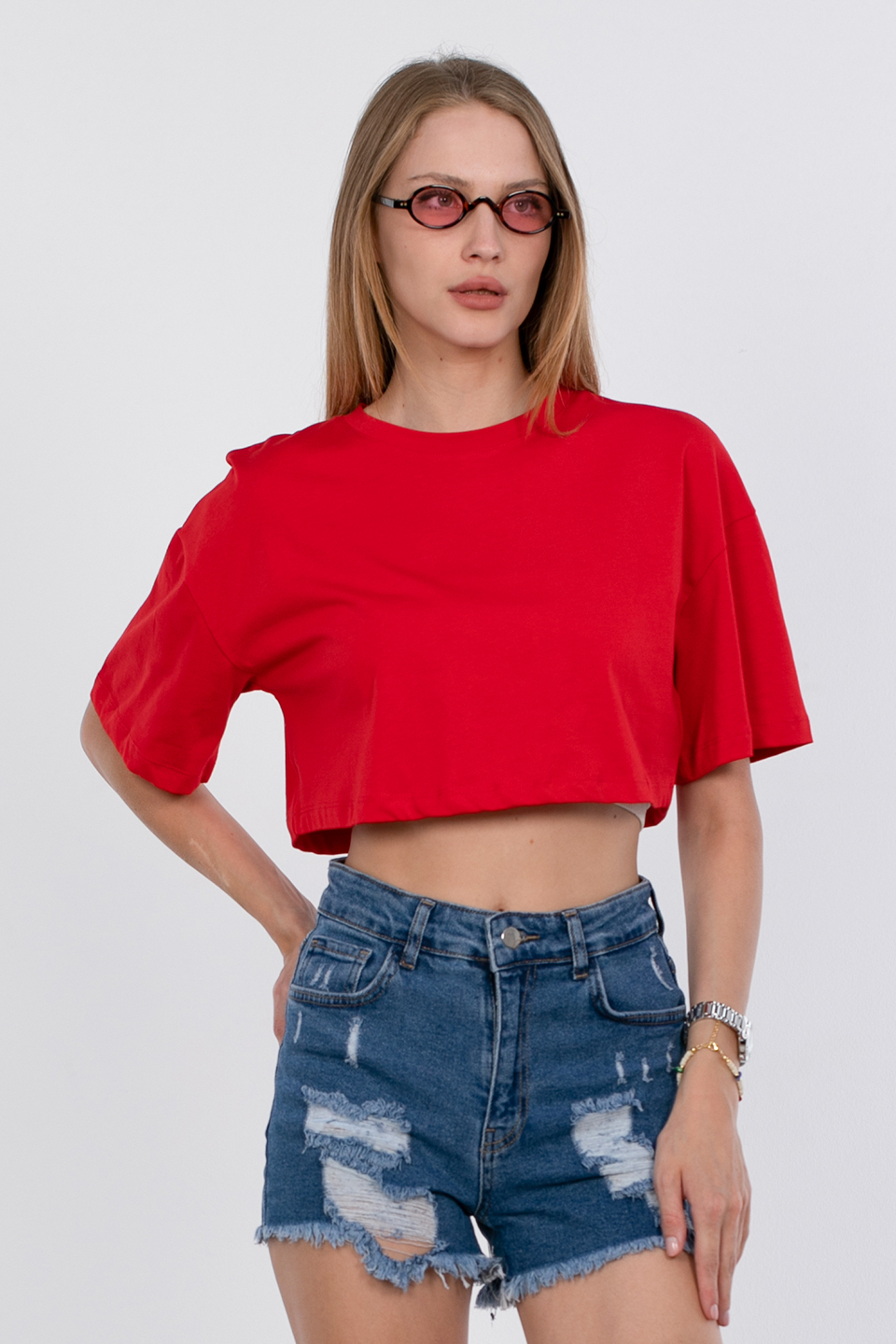 Bisiklet yaka crop t-shirt-10052 Kırmızı