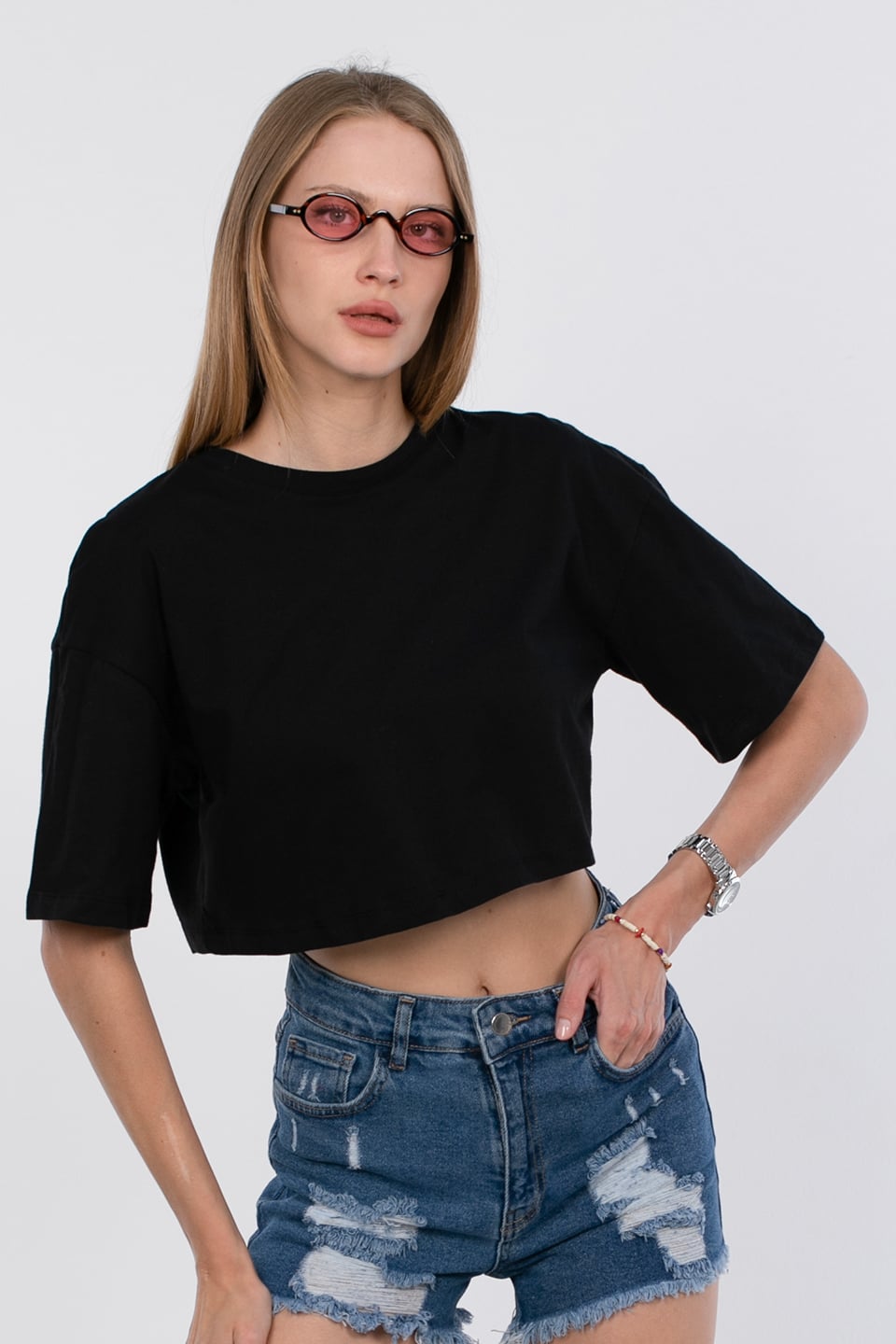 Bisiklet yaka crop t-shirt-10052 Siyah