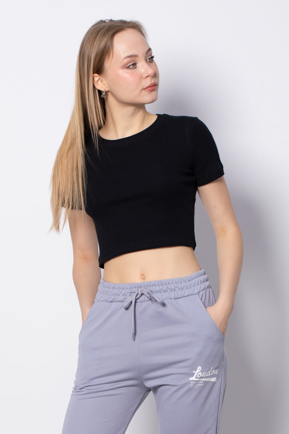 Bisiklet Yaka Crop T-Shirt - Siyah